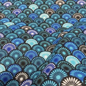 Tissu cretonne imprimé éventails turquoise - Mondial Tissus