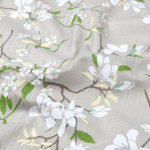 Tissu bachette slub enduit imprim&eacute; fleur japonisante naturel - Mondial Tissus