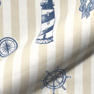 Tissu bachette semi panama rayée beige et blanc motifs marins - Mondial Tissus
