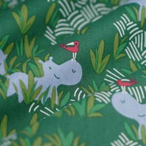 Tissu cretonne hippopotame palmier vert - Mondial Tissus