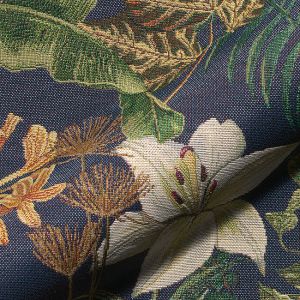 Tissu jacquard gobelin marine jungle fleuri et l&eacute;opard - Mondial Tissus