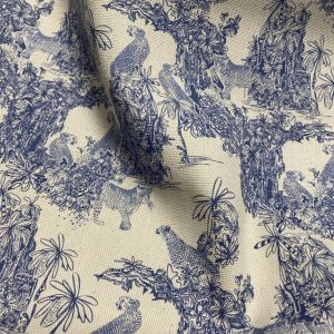 Tissu bachette coton linenlook jungle style toile jouy bleu beige - Mondial Tissus
