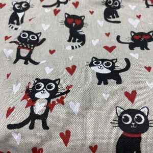 Tissu bachette linenlook imprimé amour de chat noir - Mondial Tissus