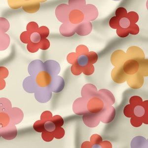 Tissu imperméable grosse fleur naïve rose fond écru - DOMOTEX - Mondial Tissus