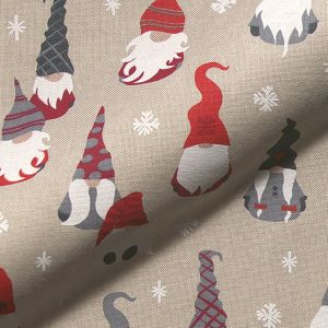 Tissu bachette coton semi-panama naturel motifs petits lutins de noël et flocons - Mondial Tissus