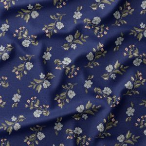 Tissu velours c&ocirc;tel&eacute; imprim&eacute; douce fleur bleu - DOMOTEX - Mondial Tissus