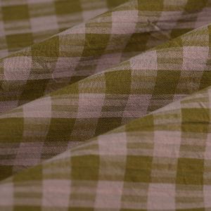 Tissu Seersucker coton vichy rose kaki - Mondial Tissus