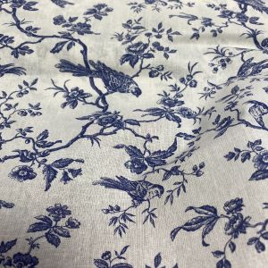 Tissu cretonne enduit mésanges effet toile de jouy bleu - Mondial Tissus