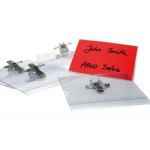 Badge transparent &agrave; pince + &eacute;pingle - format horizontal 54 x 90 mm - boite de 50