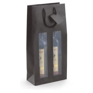 Sac kraft noir à fenêtre et poignées cordelières pour 2 bouteilles 18 x 38 x 9 cm