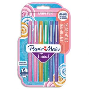 Feutres d'écriture Papermate Candy Pop - framboise, fraise, caramel, vert chewing gun, bleu barbe à papa, raisin - blister de 6