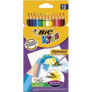 Pochette plastique de 12 crayons de couleur Aquacouleurs Bic - mine aquarellable - coloris assortis