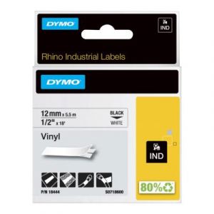 &Eacute;tiquettes autocollantes en vinyle industrielles Dymo Rhino - Ecriture Noir / fond blanc - l.12 mm x L. 5,5 m