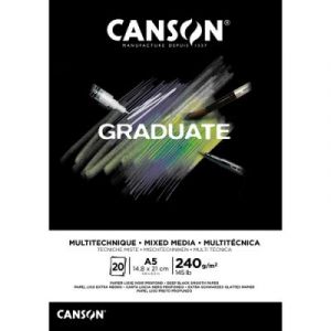 Bloc de 20 feuilles Canson GRADUATE Mixed Media - Format A5 - 240 grammes - Papier lisse noir profond - Coll&eacute;