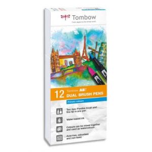 Feutres Tombow ABT double pointe - pinceau + fine - couleurs primaires assortis - bo&icirc;te de 12