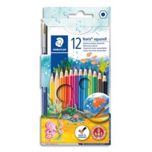 Crayons de couleur aquarellables Staedtler Noris Club + 1 pinceau adapt&eacute; - &eacute;tui  de 12