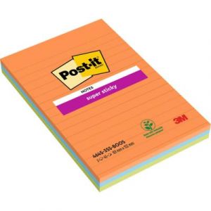 Notes Post-it Super Sticky lign&eacute;es - grand format 10,2 x 15,2 cm - coloris n&eacute;ons assortis - lot de 3 blocs de 45 feuilles