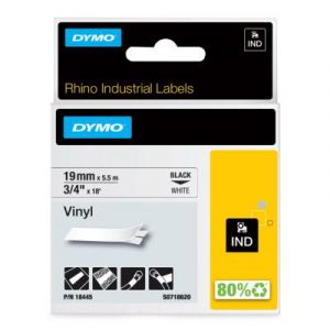 &Eacute;tiquettes autocollantes en vinyle industrielles Dymo Rhino - Ecriture noir / fond blanc - l.19 mm x L. 5,5 m - Mod&egrave;le 18445