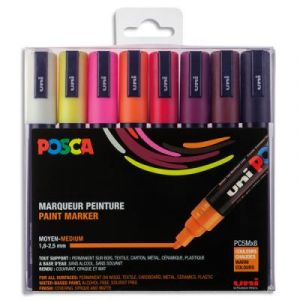 Pochette de 8 marqueurs peinture Uni Posca - Pointe moyenne de 1,8 &agrave; 2,5mm (PC5M) - couleurs assorties