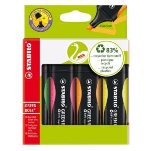 Surligneur recycl&eacute; Stabilo GREEN&nbsp;BOSS Pointe biseaut&eacute;e 2 - 5 mm - lot de 4 assortis