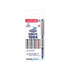 Pochette de 5 stylos feutre &agrave; bille Uniball Eye UB157 - pointe m&eacute;tal fine - assortis