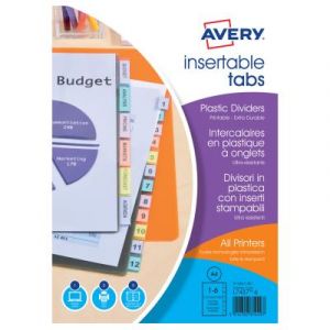 Intercalaires &agrave; onglets personnalisables Avery - polypropyl&egrave;ne 18/100&egrave;me - A4 - 6 positions - transparent