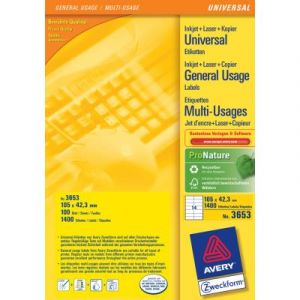 Etiquettes multi usages Avery 3653 - 105x42.3 mm - pour laser jet d'encre et copieur - blanc - bo&icirc;te de 1400