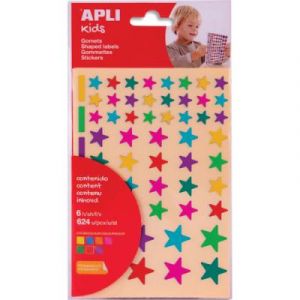 Pochette de 6 feuilles (624 u) de gommettes enlevables Apli Kids &eacute;toiles couleurs peps