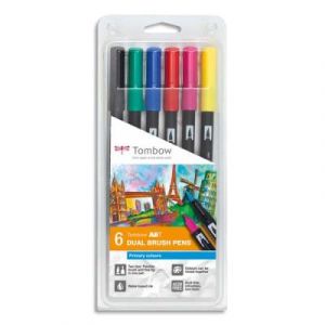 Feutres Tombow ABT double pointe - pinceau + fine - couleurs primaires assortis - bo&icirc;te de 6