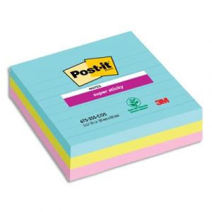 Post-It Super Sticky collection Miami - lign&eacute;s - 101 x 101 mm - lot de 3 blocs de 70 feuilles