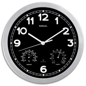 Horloge murale Maul MaulDrive - fond noir - cadran argent&eacute; - thermom&egrave;tre hygrom&egrave;tre - D30 cm