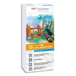 Feutres Tombow ABT double pointe - pinceau + fine - couleurs primaires assortis - bo&icirc;te de 18