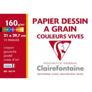 Papier dessin &agrave; grain Clairefontaine -  A4 - 160 g - pochette 12 feuilles - couleurs vives assorties