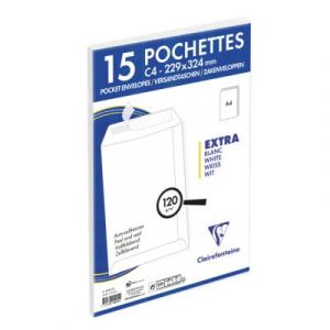 Pochette blanche C4 Clairefontaine 229 x 324 mm 120g sans fen&ecirc;tre - Autocollante avec bande protectrice - Lot de 15