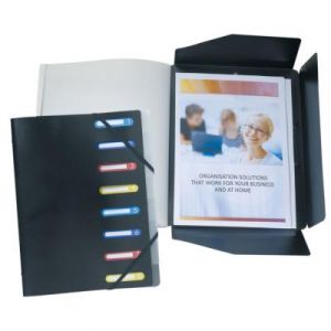 Trieur &agrave; 3 rabats et &eacute;lastiques, A4, 250 feuilles, 8 compartiments, intercalaires &agrave; onglets, fen&ecirc;tres pr&eacute;d&eacute;coup&eacute;es, polypropyl&egrave;ne, noir