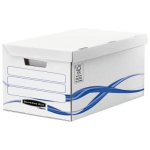 Caisse archives carton Bankersbox - pour format 24 x 32 cm, H. 280 mm x l. 554 mm x P. 356 mm - Blanc / Bleu - 100% recycl&eacute; certifi&eacute; FSC - Lot de 10