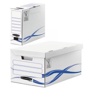 Pack archivage carton : lot de 1 caisse archives maxi + 6 bo&icirc;tes dos 8 cm - pour format A4 - 210 x 297 mm - H. 23 cm x l. 52 cm x P. 35 cm - blanc / bleu - montage automatique - paquet 7 unit&eacute;s