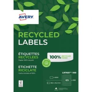 Etiquettes auto-adhésives d'adresses recyclées Avery LR7651 - 38,1 X 21,2 mm - 100 feuilles, 65 étiquettes par feuilles A4 - Blanches
