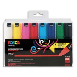 Marqueurs peinture &agrave; l'eau Uniball Posca - pointe large conique PC7M - coloris assortis - pochette de 8