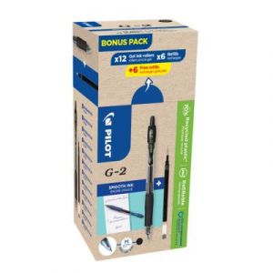 Eco pack Pilot G2-07 - stylo encre gel r&eacute;tractable - pointe moyenne 0,7 mm - corps noir transparent avec zone de pr&eacute;hension - encre noire - 12 stylos + 12 recharges dont 6 offertes - bo&icirc;te 24 unit&eacute;s