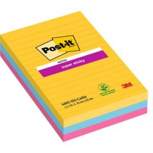 Notes Post-it Super Sticky lign&eacute;es - grand format 10,2 x 15,2 cm - coloris Rio assortis - lot de 3 blocs de 90 feuilles