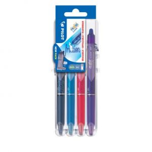 Stylo roller rétractable Pilot FriXion Clicker encre gel effaçable - pointe moyenne 0,7 mm - pochette de 4 couleurs assorties