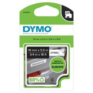 Ruban nylon Dymo D1 S0718070 pour &eacute;tiqueteuse - 19 mm x 5,5 m - Noir sur Blanc
