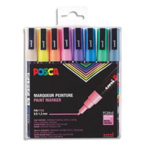 Pochette de 8 marqueurs peinture Uni Posca - Pointe fine de 0,9 &agrave; 1,8 mm (PC3M) -ouleurs assorties