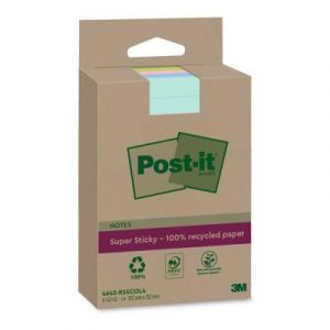 Bloc de notes Post-it Super Sticky Recycl&eacute;es Lign&eacute;es 102 x 152 mm Couleur assorties - Lot de 4 blocs de 45 Feuilles