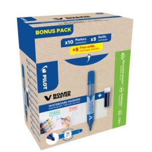 Marqueur pour tableaux blancs Pilot Begreen V Board Master Begreen - pointe 2.3 mm - Bleu - Pack de 10 marqueurs + 10 recharges
