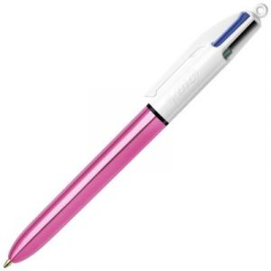 Stylo bille Bic r&eacute;tractable 4 couleurs Shine - pointe moyenne 1 mm - corps rose m&eacute;tal