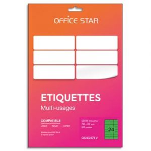 Bo&icirc;te de 1200 &eacute;tiquettes adh&eacute;sives multiusage format 70x37mm Office Star, planche A4, coloris vert