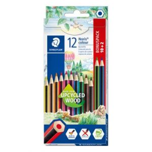 Crayon de couleur Staedtler Noris 185 hexagonal en bois upcycl&eacute; coloris assortis - Etui de 10 + 2 offerts