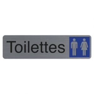 Plaque signal&eacute;tique adh&eacute;sive Toilettes Dame / Homme - Exacompta - Rectangle Gris / Bleu